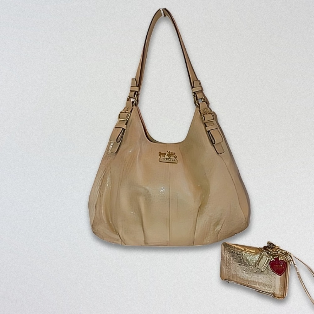 Coach Madison Maggie Hobo Bag/Poppy Wristlet Embossed Leather Metallic Gold W OS - Picture 2 of 10